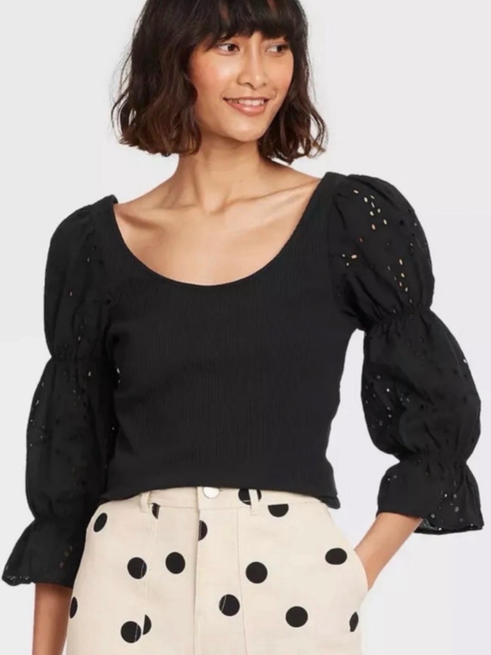 NWT Who What Wear Black Scoop-Neck Eyelet Puff Sleeve Top